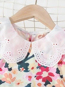 SHEIN 小女童印花網眼刺繡誇大領口泡泡袖連衣裙 - 彩色 - 查看 5