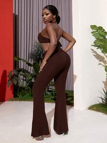 Slaydiva 繞頸後綁帶胸部褶皺鏤空連身褲