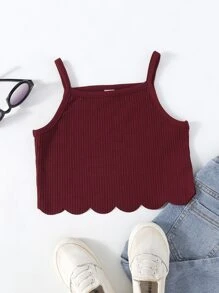 小女童條紋針織貝殼邊吊帶上衣 - 酒紅色 - 查看 1
