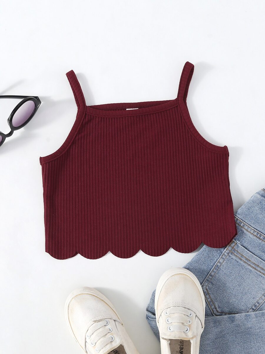 小女童條紋針織貝殼邊吊帶上衣 - 酒紅色 - 查看 1