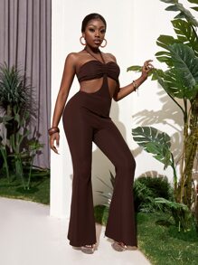 Slaydiva 繞頸後綁帶胸部褶皺鏤空連身褲