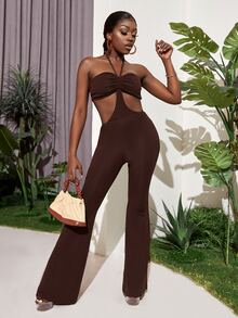 Slaydiva 繞頸後綁帶胸部褶皺鏤空連身褲