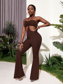 Slaydiva 繞頸後綁帶胸部褶皺鏤空連身褲