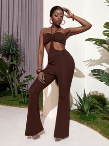 Slaydiva 繞頸後綁帶胸部褶皺鏤空連身褲