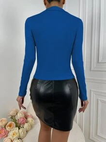 SHEIN Frenchy Solid Half Button Rib-knit Tee - Blue - View 2