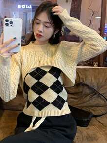 幾何格紋格紋針織吊帶短上衣 - 黑與白 - 查看 1