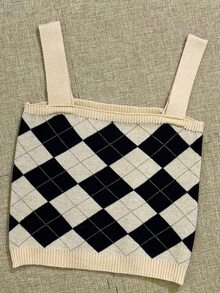 幾何格紋格紋針織吊帶短上衣 - 黑與白 - 查看 2