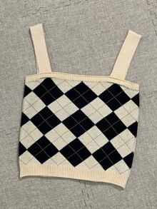幾何格紋格紋針織吊帶短上衣 - 黑與白 - 查看 4