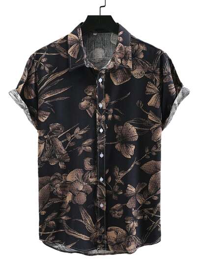 Manfinity RSRT Camisa de manga corta con estampado floral aleatorio y colorido, para regalo de novio, playa