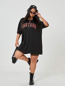 Áo thun Plus size Lá thư Giải trí - màu đen - Xem 5