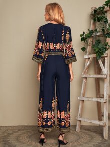 EMERY ROSE 花卉刺繡自綁腰帶連身褲