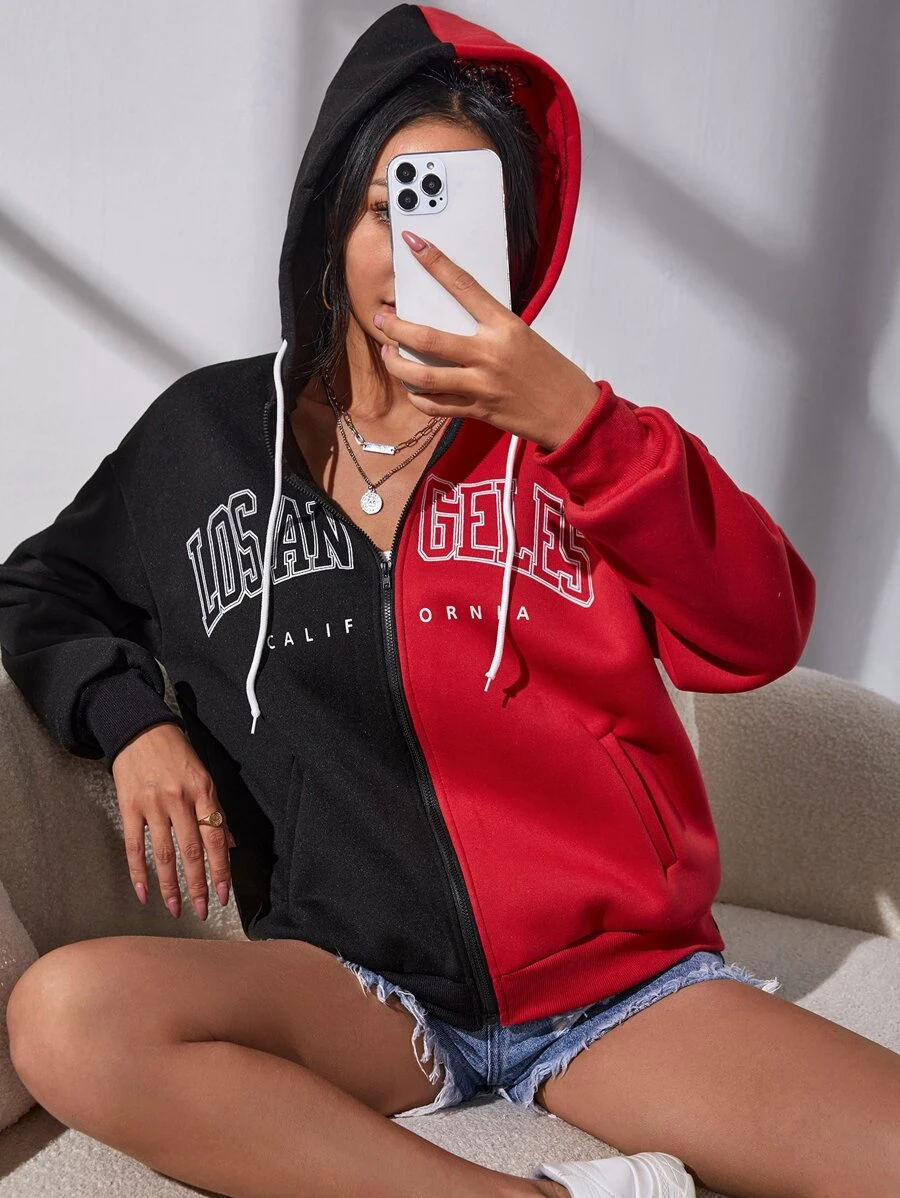 SHEIN EZwear 字母圖案撞色落肩袖保暖抽繩連帽衫 - 彩色 - 查看 1