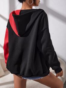 SHEIN EZwear 字母圖案撞色落肩袖保暖抽繩連帽衫 - 彩色 - 查看 2