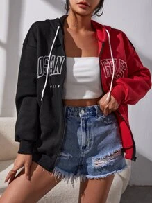 SHEIN EZwear 字母圖案撞色落肩袖保暖抽繩連帽衫 - 彩色 - 查看 3
