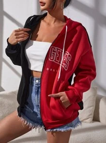 SHEIN EZwear 字母圖案撞色落肩袖保暖抽繩連帽衫 - 彩色 - 查看 4
