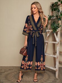 EMERY ROSE 花卉刺繡自綁腰帶連身褲