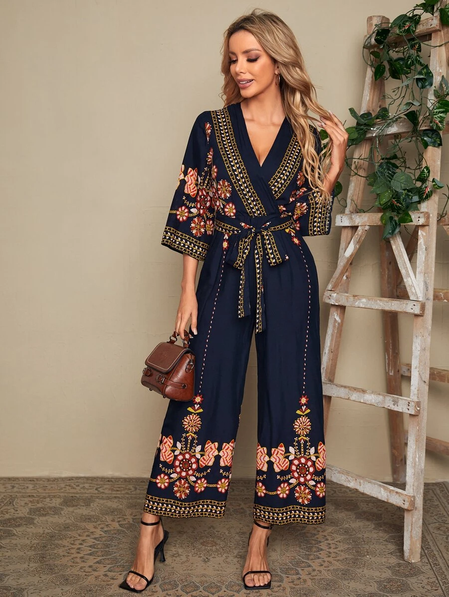 EMERY ROSE 花卉刺繡自綁腰帶連身褲