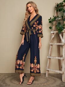 EMERY ROSE 花卉刺繡自綁腰帶連身褲