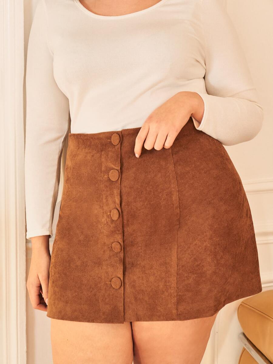 Falda con botón de pana - Café integral - Ver 1