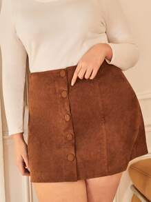 Falda con botón de pana - Café integral - Ver 3
