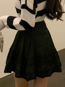 Solid Lace Trim Flared Skirt - Black - View 2