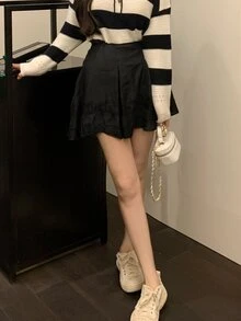 Solid Lace Trim Flared Skirt - Black - View 4