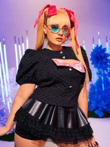 SHEIN Unity Plus Bow Front Cut Out Puff Sleeve Blouse - Black - View 4