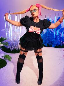 SHEIN Unity Plus Bow Front Cut Out Puff Sleeve Blouse - Black - View 2