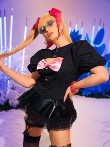 SHEIN Unity Plus Bow Front Cut Out Puff Sleeve Blouse - Black - View 1