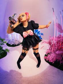 SHEIN Unity Plus Bow Front Cut Out Puff Sleeve Blouse - Black - View 7