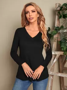 EMERY ROSE Camiseta unicolor escote V manga larga - Negro - Ver 1