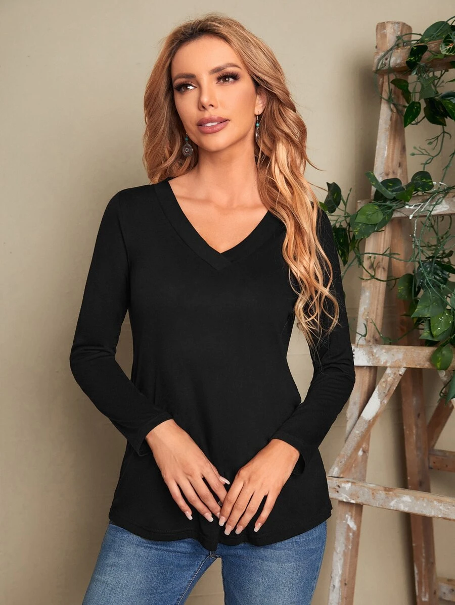 EMERY ROSE Camiseta unicolor escote V manga larga - Negro - Ver 1