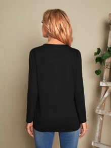 EMERY ROSE Camiseta unicolor escote V manga larga - Negro - Ver 2