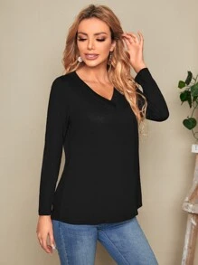 EMERY ROSE Camiseta unicolor escote V manga larga - Negro - Ver 4