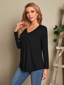 EMERY ROSE Camiseta unicolor escote V manga larga - Negro - Ver 5