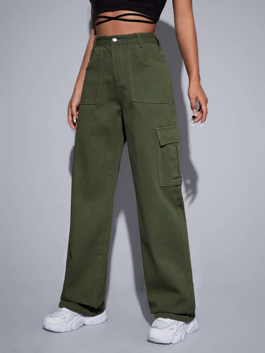 SHEIN EZwear High Waist Cargo Jeans - Dark Green - View 1