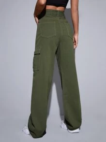 SHEIN EZwear High Waist Cargo Jeans - Dark Green - View 2