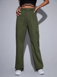 SHEIN EZwear High Waist Cargo Jeans - Dark Green - View 3