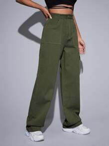 SHEIN EZwear High Waist Cargo Jeans - Dark Green - View 4