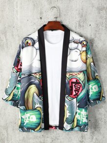 Manfinity EMRG Men Cartoon And Letter Graphic Drop Shoulder Open Front Kimono Without Tee - Multicolor - View 2