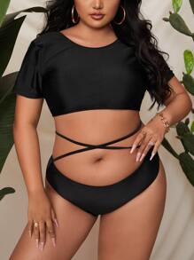 大码短袖高腰比基尼夏季海滩 - 黑色 - 查看 1