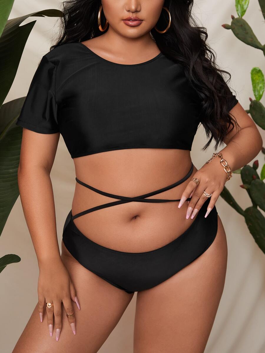 大码短袖高腰比基尼夏季海滩 - 黑色 - 查看 1