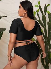 大码短袖高腰比基尼夏季海滩 - 黑色 - 查看 2