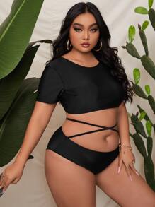 大码短袖高腰比基尼夏季海滩 - 黑色 - 查看 3