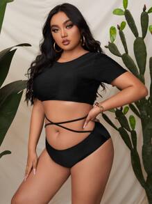 大码短袖高腰比基尼夏季海滩 - 黑色 - 查看 4