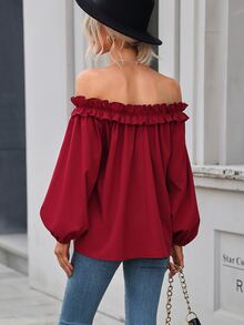 Blusa de hombros descubiertos ribete con fruncido de manga farol - Burdeos - Ver 2