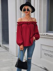 Blusa de hombros descubiertos ribete con fruncido de manga farol - Burdeos - Ver 4