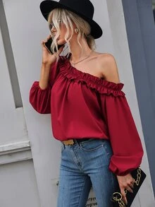 Blusa de hombros descubiertos ribete con fruncido de manga farol - Burdeos - Ver 6