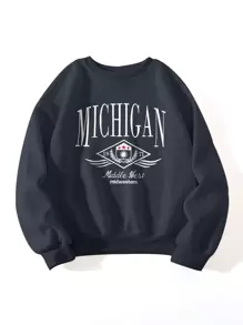 SHEIN Unity Graphic & Letter Embroidery Drop Shoulder Sweatshirt - Navy Blue - View 1