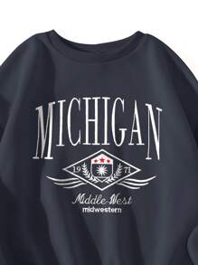 SHEIN Unity Graphic & Letter Embroidery Drop Shoulder Sweatshirt - Navy Blue - View 3